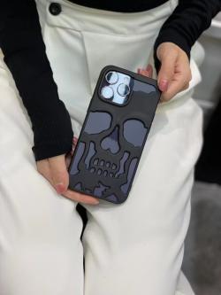 Luxury Plating 3D Skull Phone Case For I-Phone 14 Pro Max 13 12 11 Plus Breathable Glossy Hollow Out Gold Metallic Paint - Black matte / iPhone12pro