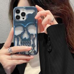 Luxury Plating 3D Skull Phone Case For I-Phone 14 Pro Max 13 12 11 Plus Breathable Glossy Hollow Out Gold Metallic Paint - Blue electroplating / IPhone 16PROMAX