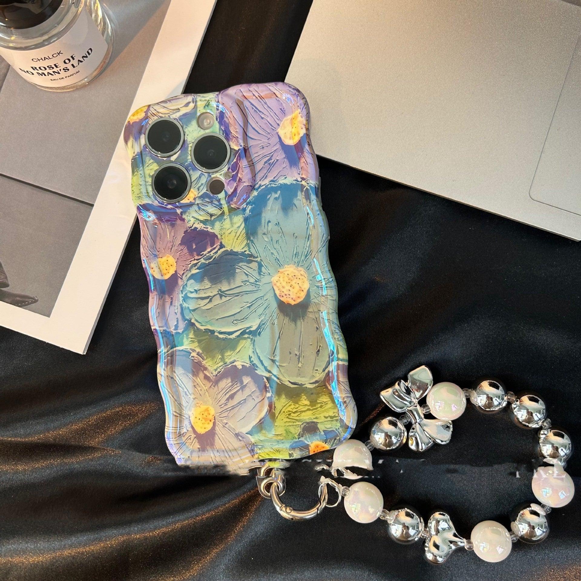 Retro Oil Painting Phone Case Blu-ray Flowers Shockproof Case For Iphone 13 12 13pro 14pro 13 Pro Max Silicone Phone Cover - Blue Band Bracelet / IPhone12