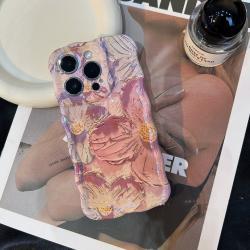 Retro Oil Painting Phone Case Blu-ray Flowers Shockproof Case For Iphone 13 12 13pro 14pro 13 Pro Max Silicone Phone Cover - Pink / Iphone 12Pro