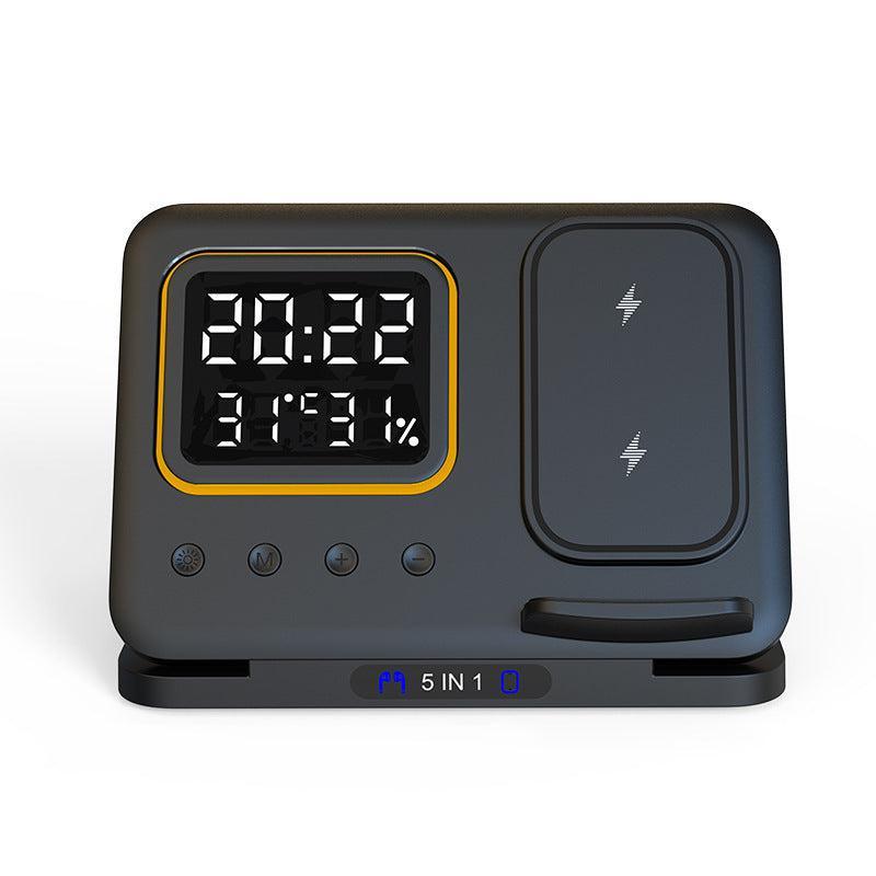 15W Wireless Chargers Stand 5 In1 LED Digital Alarm Clock Fast Charging Dock Station - Black / Suitable For Apple Watch