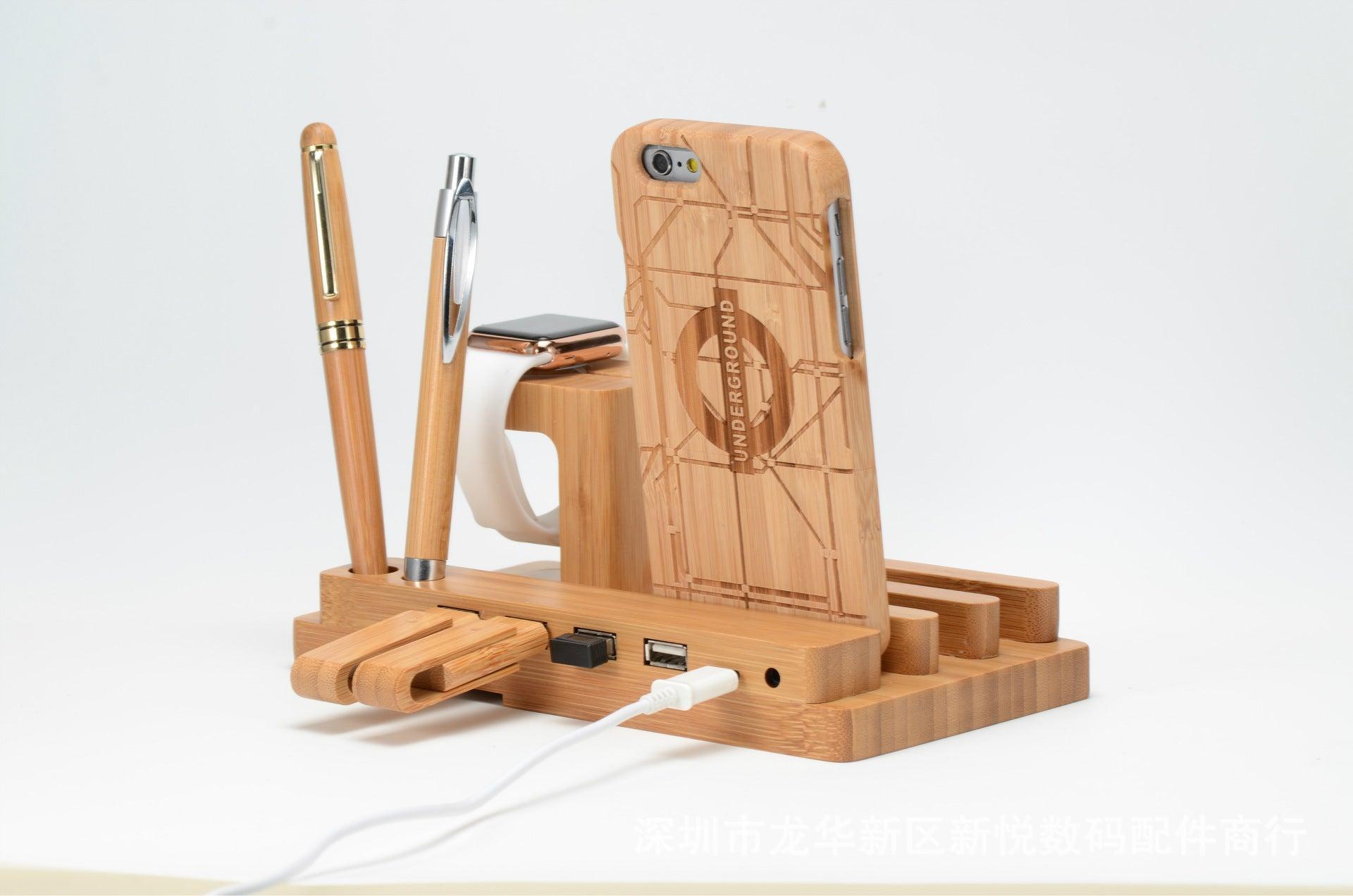 Compatible with Apple , Bamboo, wood andMobile applewatch bracket charging wooden bracket multi-function flat cell phone base - default