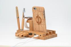 Compatible with Apple , Bamboo, wood andMobile applewatch bracket charging wooden bracket multi-function flat cell phone base - default