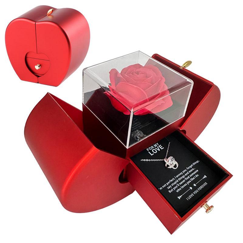 Fashion Jewelry Box Red Apple Christmas Gift Necklace Eternal Rose For Girl Mothers Day Valentines Day Gifts With Artificial Flower Rose Flower Jewelry Box