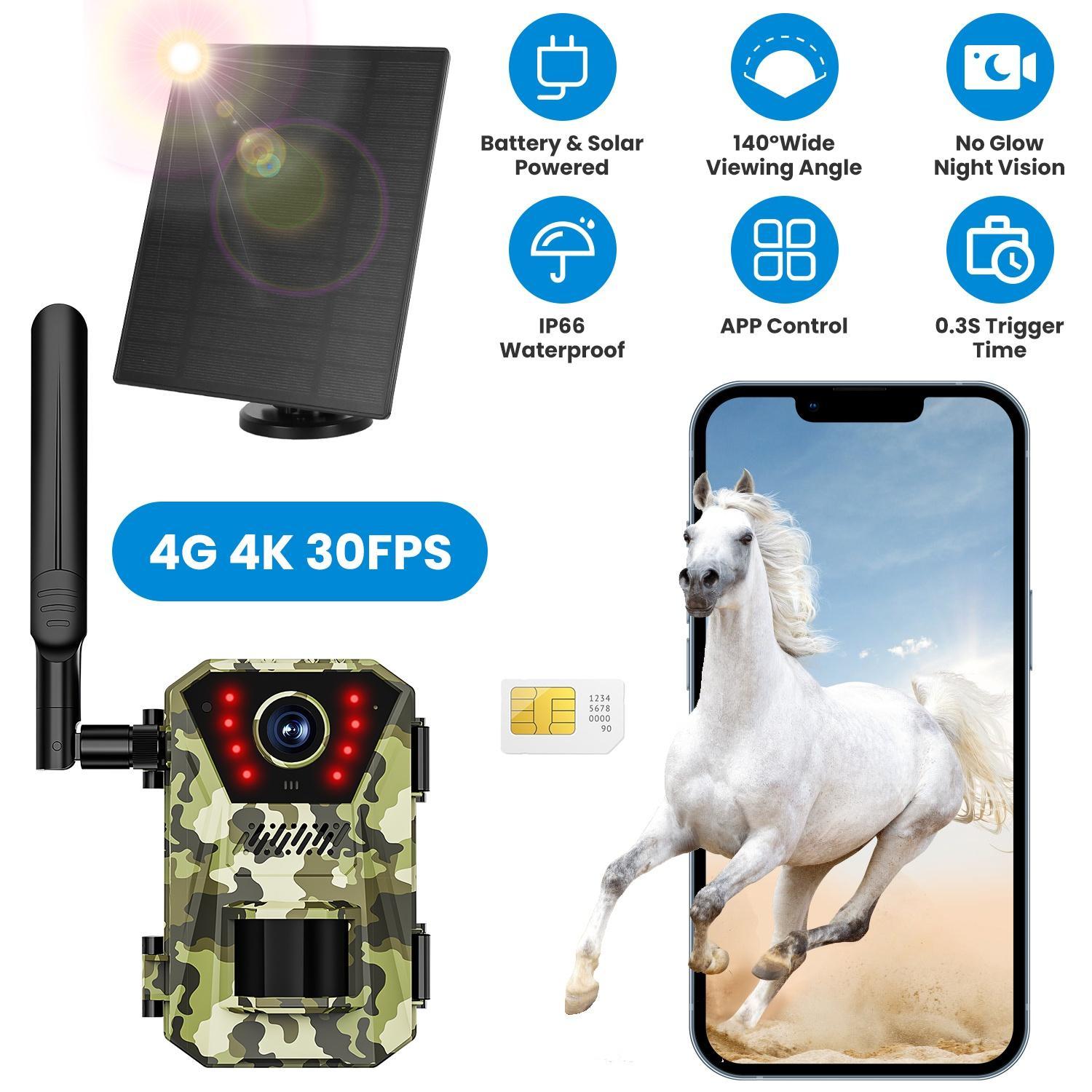 1Pc 4G 4K 30FPS Solar Trail Camera Outdoor Wildlife Camera Motion Activated IP66 Waterproof With 140 Degree Viewing Angle No Glow Night Vision SIM Card APP Control No WiFi Needed