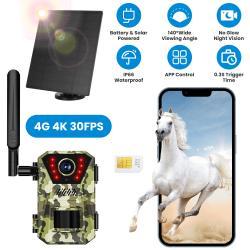 1Pc 4G 4K 30FPS Solar Trail Camera Outdoor Wildlife Camera Motion Activated IP66 Waterproof With 140 Degree Viewing Angle No Glow Night Vision SIM Card APP Control No WiFi Needed