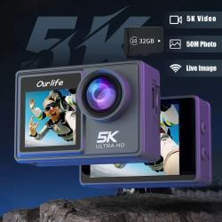 Ourlife 5K 30fps Action Cam 50MP EIS Wifi Wireless Dual Dcreen Vlog Camera With 32GB Memory Card