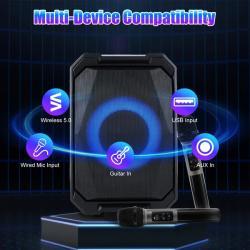 Portable Wireless Party Speaker With LED Light 2 Wireless Mics Remote Control TWS Music Accompany Mic. Priority Bass Echo Mic Treble Guitar In