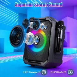 1Pc Portable Wireless Party Speaker With LED Light 2 Wireless Mics Remote Control TWS Music Accompany Mic. Priority Bass Echo Mic Treble Guitar In