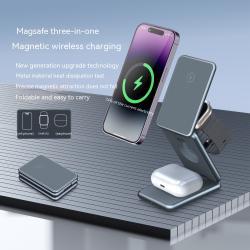 Aluminum Alloy Folding Wireless Charging Bracket Mobile Phone Headset Watch Three-in-one 15W Magnetic Fast