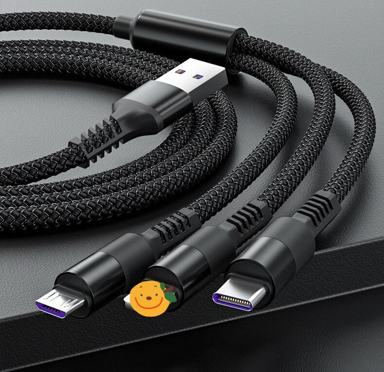 New Nylon Braided 3A Round Head One Tow Three Fast Charging Data Cable