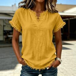 Womens Retro Casual V-Neck Tassel Short-Sleeve Top