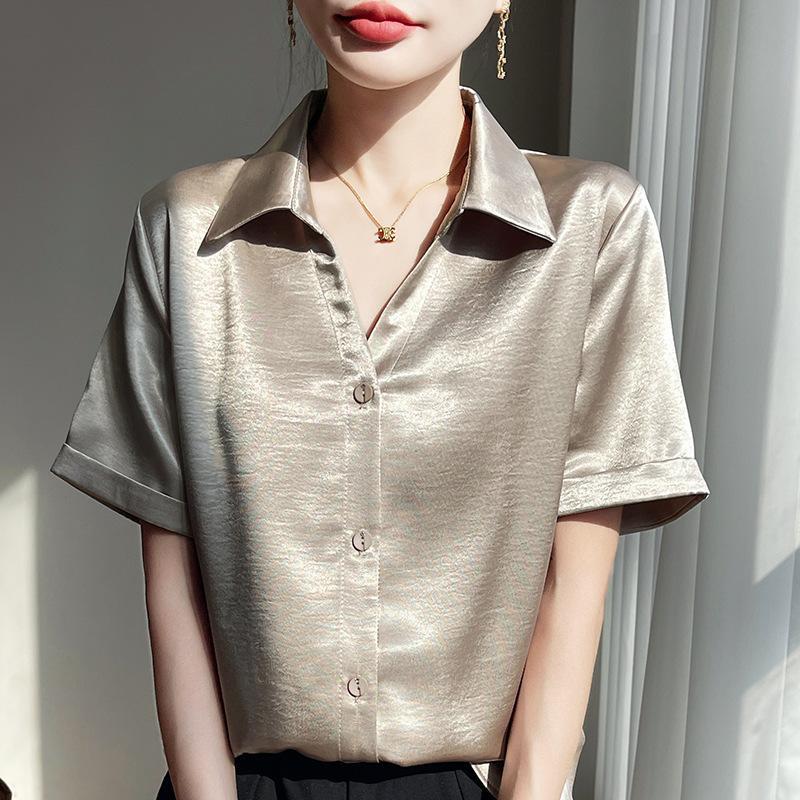 Womens Short-sleeved Blouse High-end Solid-color Elegant Versatile Shirt