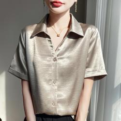 Womens Short-sleeved Blouse High-end Solid-color Elegant Versatile Shirt
