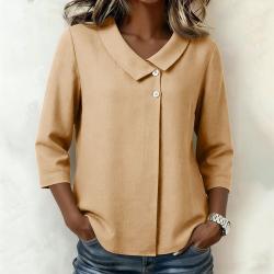 Casual Cotton-linen V-neck Top Three-quarter-sleeve Relaxed-fit Shirt