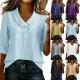 Casual Cotton-linen V-neck Top Three-quarter-sleeve Relaxed-fit Shirt