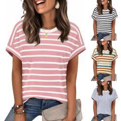 Crew-neck Regular-fit Casual Short-sleeve Striped T-shirt Top