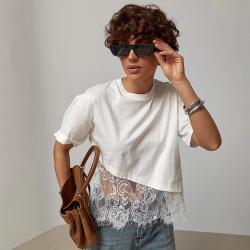 Niche Style Mesh Lace Patchwork T-shirt Short Sleeves