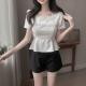 Mesh-panelled Square-neck Top With Puff Sleeves