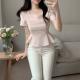 Mesh-panelled Square-neck Top With Puff Sleeves