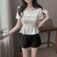 Mesh-panelled Square-neck Top With Puff Sleeves