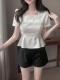 Mesh-panelled Square-neck Top With Puff Sleeves