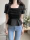 Mesh-panelled Square-neck Top With Puff Sleeves