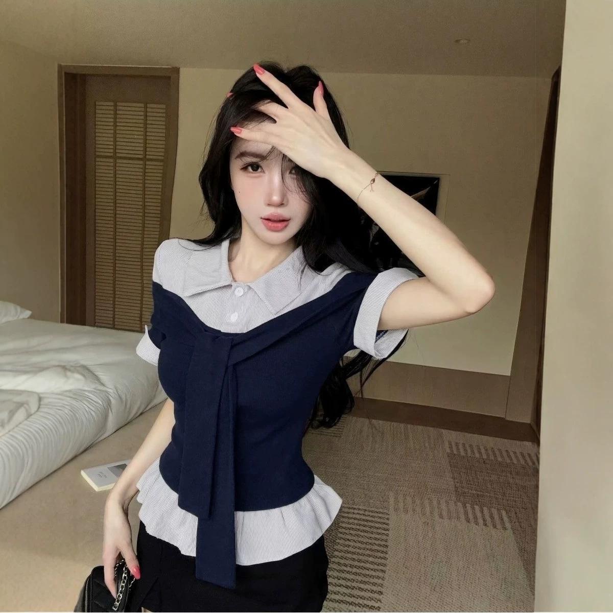 Preppy-style Polo-neck Faux Two-piece Striped Blouse For Women
