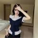 Preppy-style Polo-neck Faux Two-piece Striped Blouse For Women