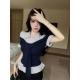 Preppy-style Polo-neck Faux Two-piece Striped Blouse For Women