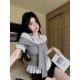 Preppy-style Polo-neck Faux Two-piece Striped Blouse For Women