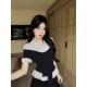 Preppy-style Polo-neck Faux Two-piece Striped Blouse For Women