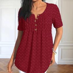 Casual Commute Button-up Polka-dot Round-neck Loose-fit Short-sleeve Blouse Top