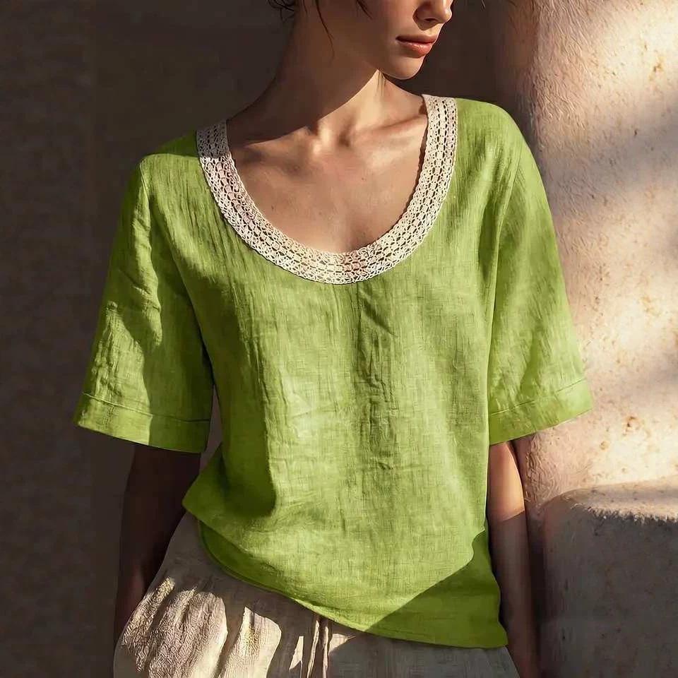 Vintage Short-sleeved Cotton-linen Vest With Lace Detailing And A U-neck