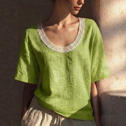 Vintage Short-sleeved Cotton-linen Vest With Lace Detailing And A U-neck