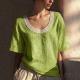 Vintage Short-sleeved Cotton-linen Vest With Lace Detailing And A U-neck