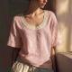 Vintage Short-sleeved Cotton-linen Vest With Lace Detailing And A U-neck