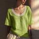 Vintage Short-sleeved Cotton-linen Vest With Lace Detailing And A U-neck