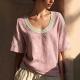 Vintage Short-sleeved Cotton-linen Vest With Lace Detailing And A U-neck