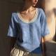 Vintage Short-sleeved Cotton-linen Vest With Lace Detailing And A U-neck