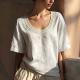 Vintage Short-sleeved Cotton-linen Vest With Lace Detailing And A U-neck