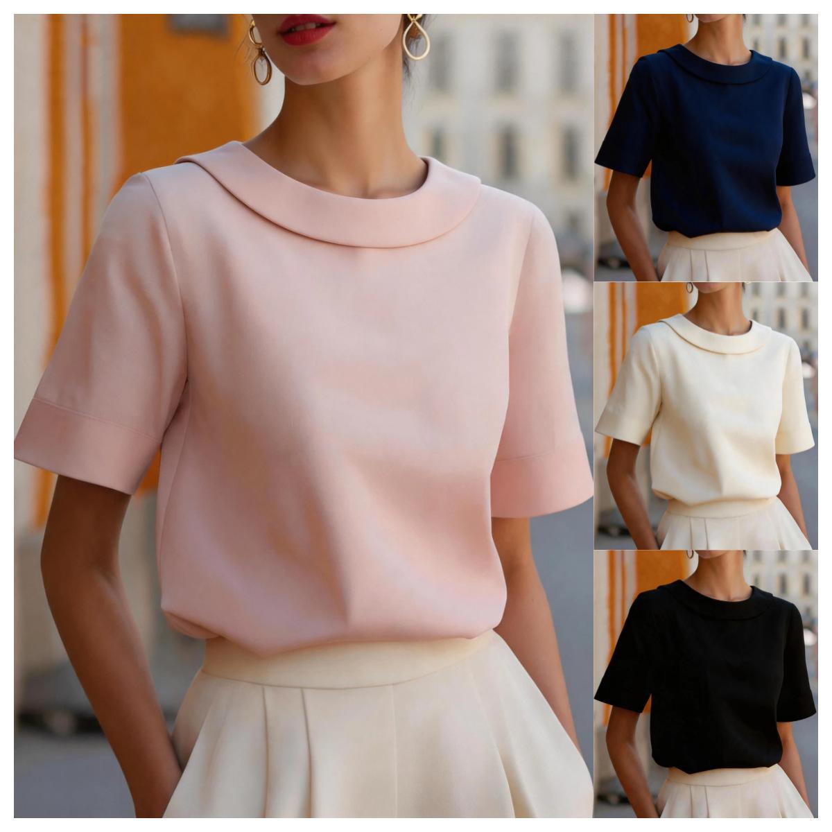 Womens Solid-color Crew-neck Versatile Short-sleeve Top
