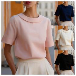 Womens Solid-color Crew-neck Versatile Short-sleeve Top