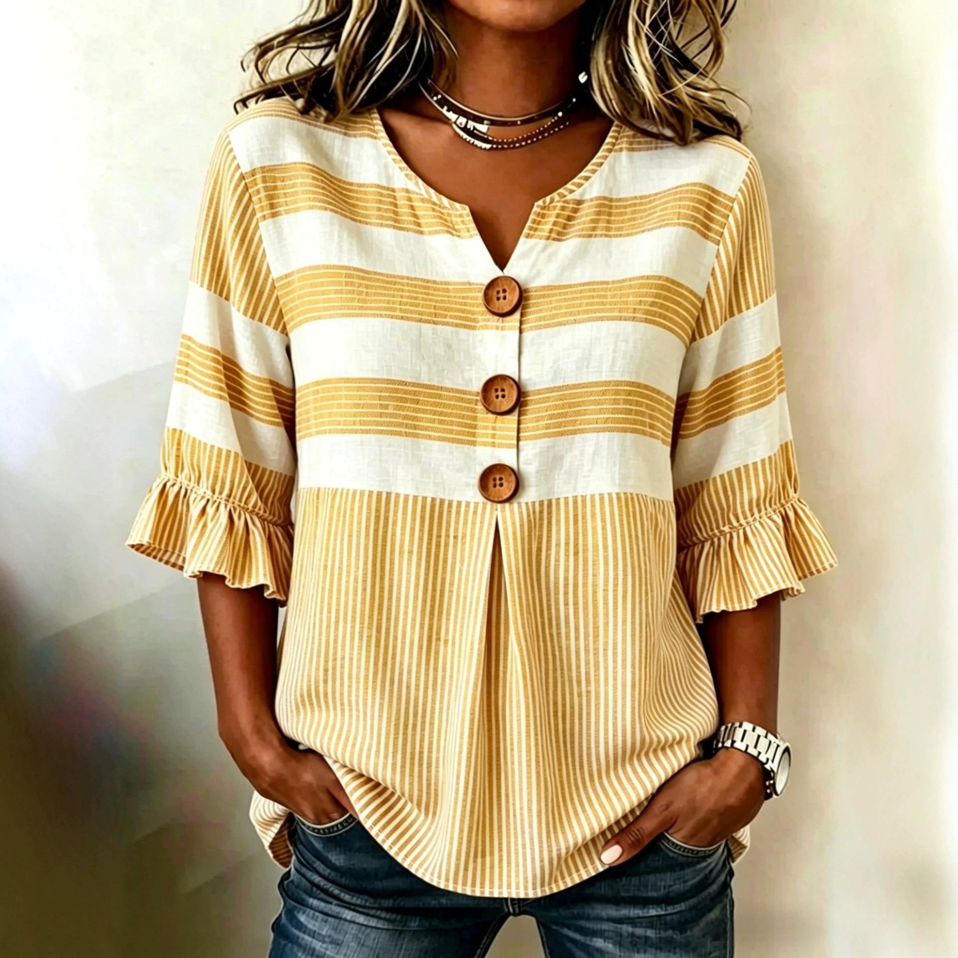 Fashionable Plaid Striped Printed Short-sleeve Button-up Top