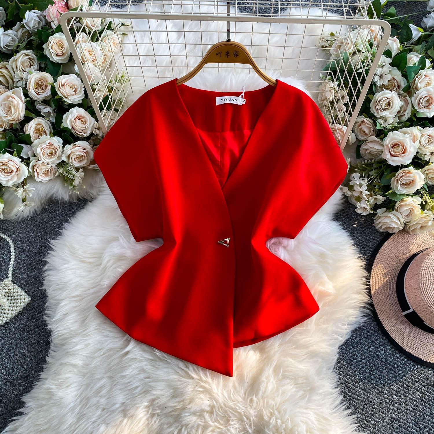 Niche-design Irregular Fashion Single-button Waist-cinching V-neck Top