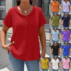 Womens Solid-color Textured Pleated Fabric Doll-collar Button T-shirt