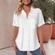 Solid-color V-neck Short-sleeved Cotton-linen Casual Loose-fit Pocket Shirt