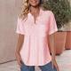 Solid-color V-neck Short-sleeved Cotton-linen Casual Loose-fit Pocket Shirt