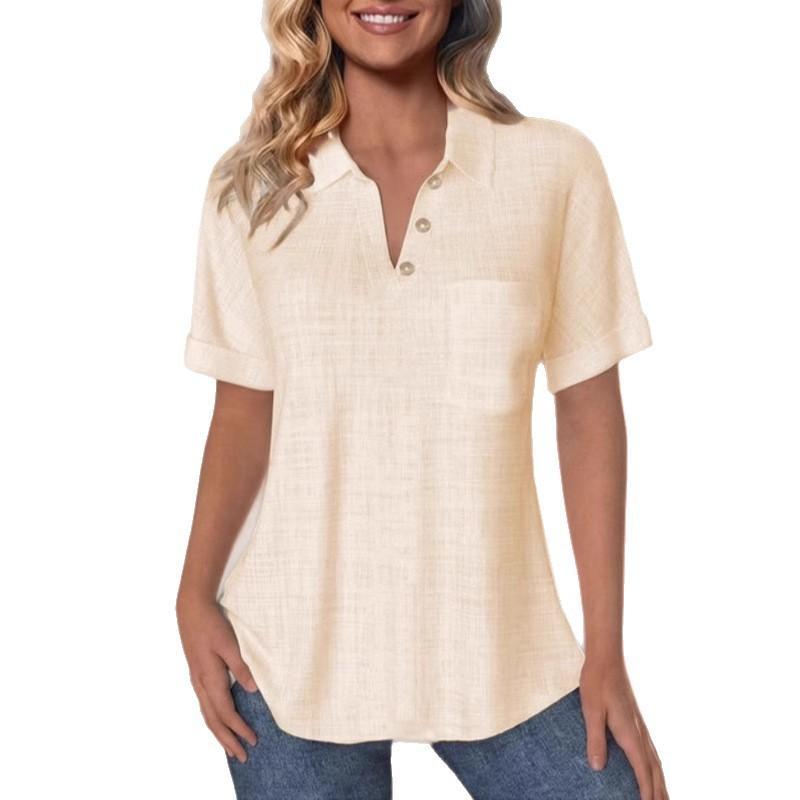 Solid-color V-neck Short-sleeved Cotton-linen Casual Loose-fit Pocket Shirt