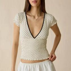 Polka-dot V-neck Lace-trimmed Short-sleeve T-shirt